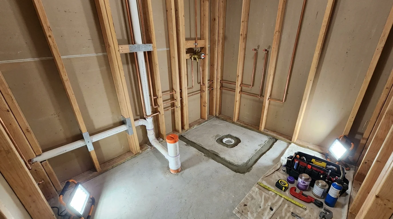 Bathroom rough-in plumbing during remodel by Johns Plumbing LLC in Seaside