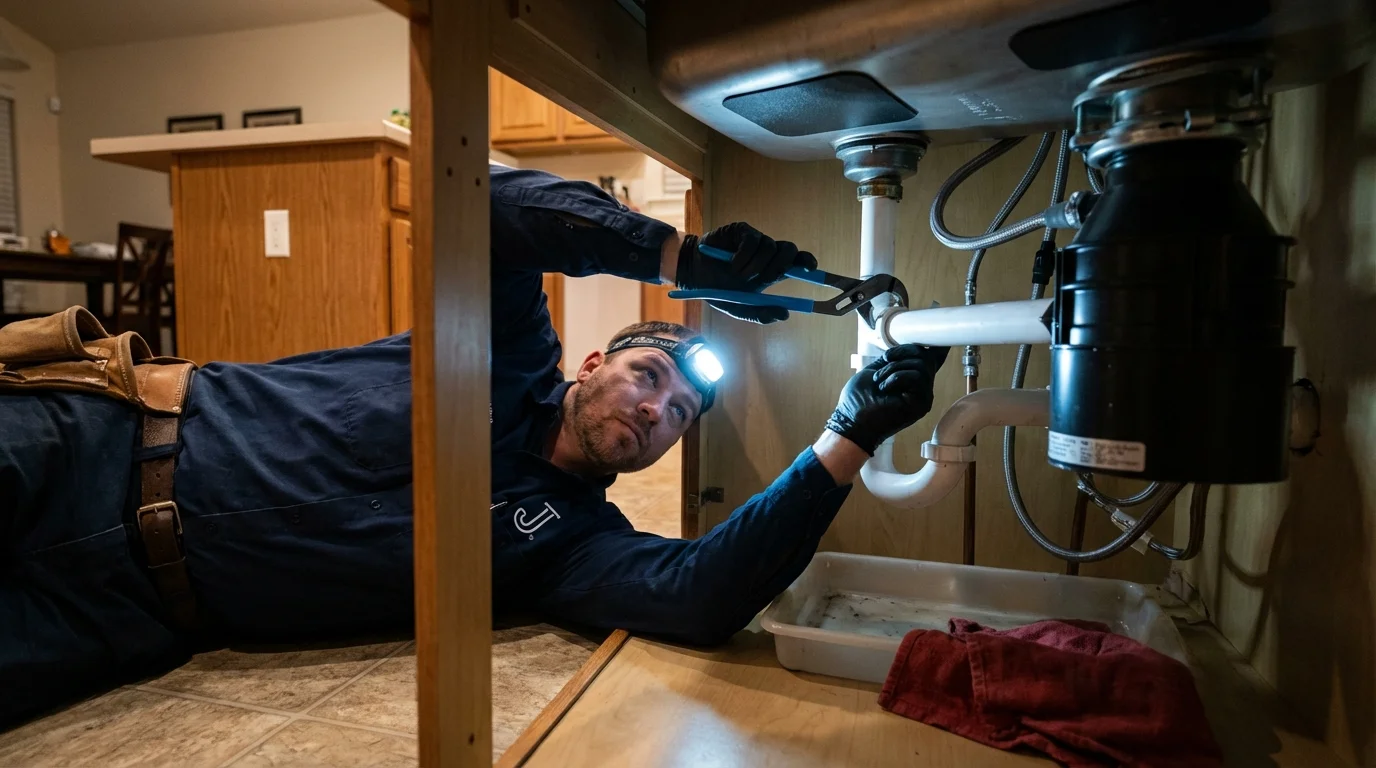 P-trap and supply line connections under a kitchen sink showing a common leak point in Seaside, CA
